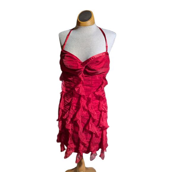 Vtg Y2K Bebe Red Silk Ruched Front Ruffle Detail Open Back Halter Dress Sz 8 - Picture 2 of 5
